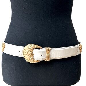 Escada Vintage cream leather belt with gold sunflower hardware. Measures…